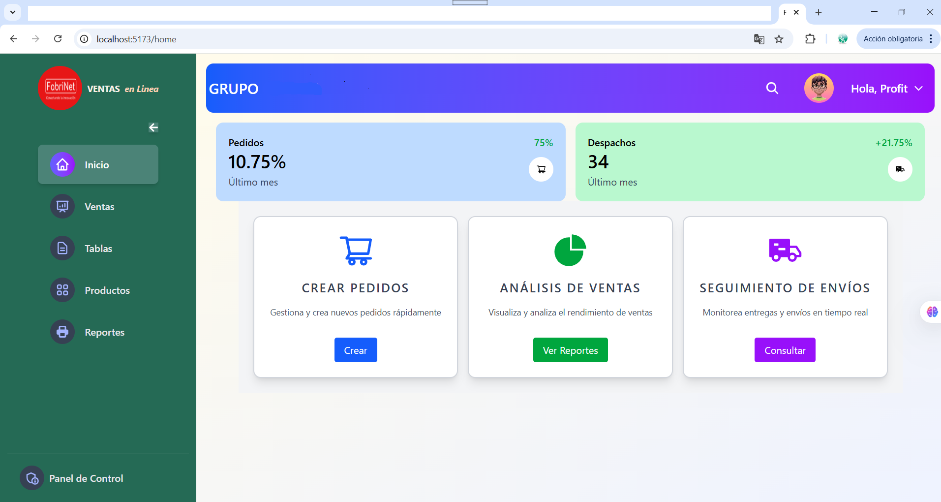 Captura de pantalla del sistema FabriNet